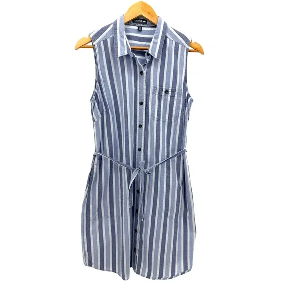 Toad&Co Indigo Ridge Sleeveless Tie Shirt Dress Striped Organic Cotton Midi Blue - Picture 2 of 7